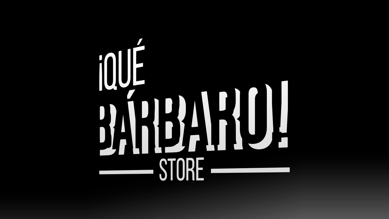 Logotipo de ¡Qué Bárbaro! Store: letras condensadas dibujadas a mano, en blanco sobre negro, con la palabra STORE entre dos filetes.