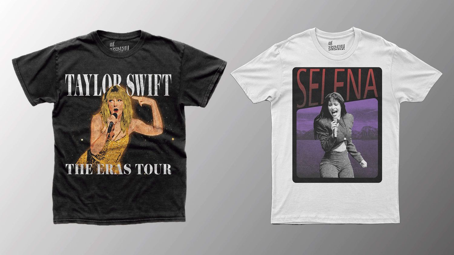 Dos playeras de la serie: una negra dedicada a Taylor Swift y The Eras Tour, y una blanca dedicada a Selena.