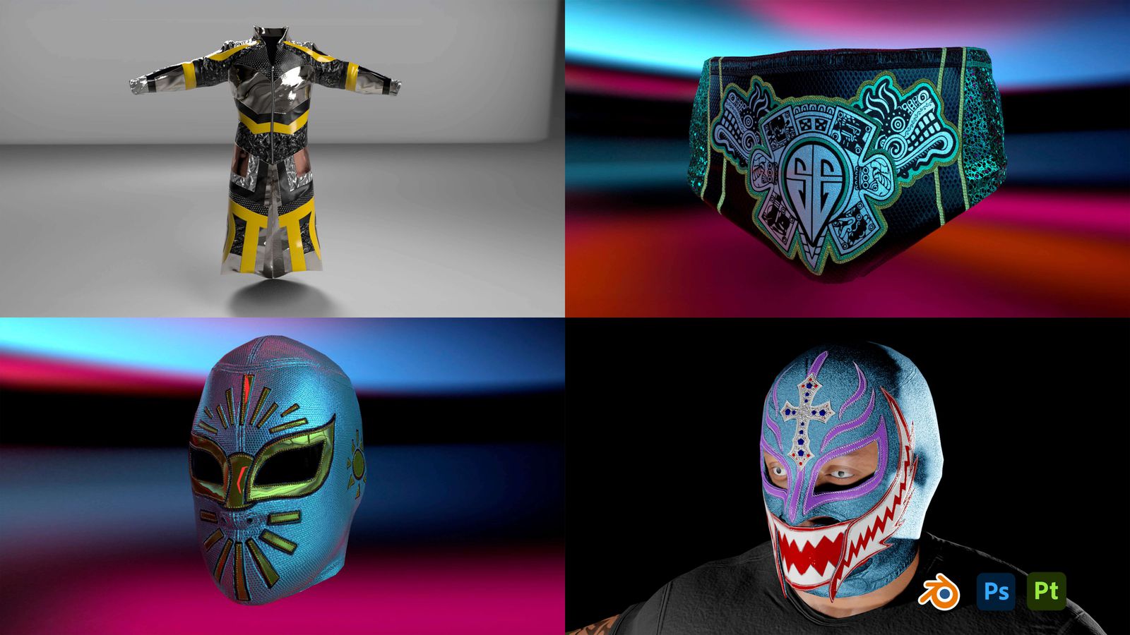 Cuatro renders: traje de luchador, cinturón de campeonato con grabado, máscara azul y máscara aplicada sobre una fotografía real.