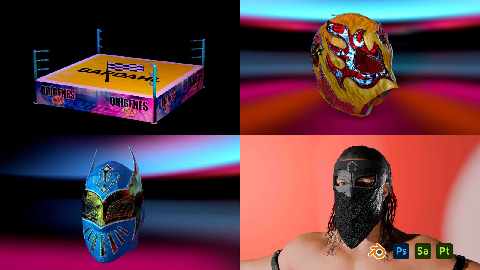 Cuatro renders: ring de lucha libre con lona impresa, máscara dorada, máscara azul y máscara negra sobre modelo real.