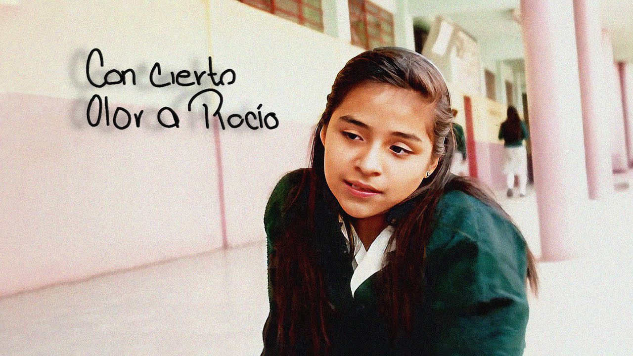 Portada del documental: una estudiante con uniforme en el pasillo rosa de una escuela, con el título rotulado a mano.