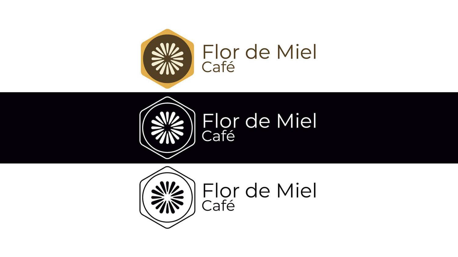 Tres versiones del logotipo de Flor de Miel Café: color sobre blanco, línea sobre negro y línea sobre blanco.
