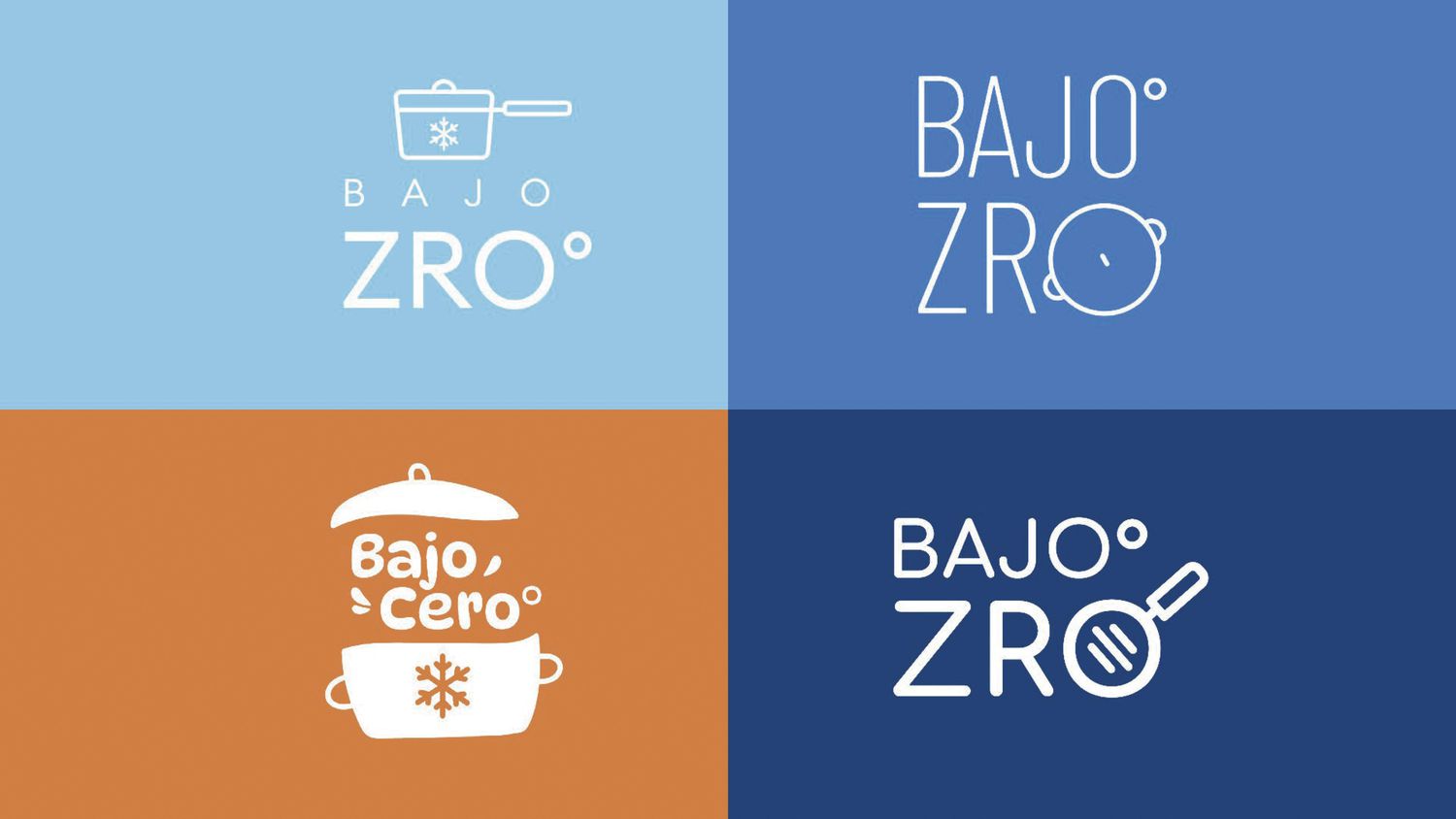 Cuatro versiones del logotipo de Bajo ZRO sobre fondos de color: dos tipográficas, una con olla y copo de nieve, y la definitiva.