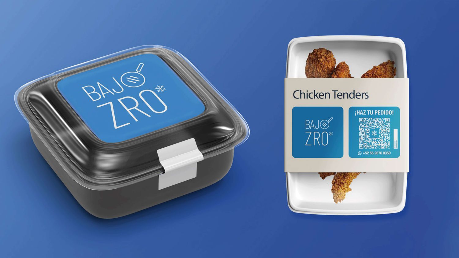 Empaque de comida congelada con la etiqueta de Bajo ZRO y una bandeja de chicken tenders con código QR de pedido.